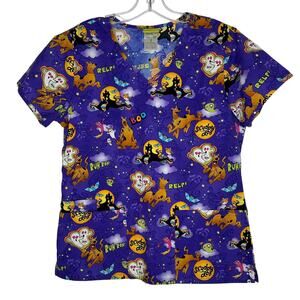 Hanna Barbera Scoobie Doo Women’s Scrub Top Pockets Purple Halloween Small